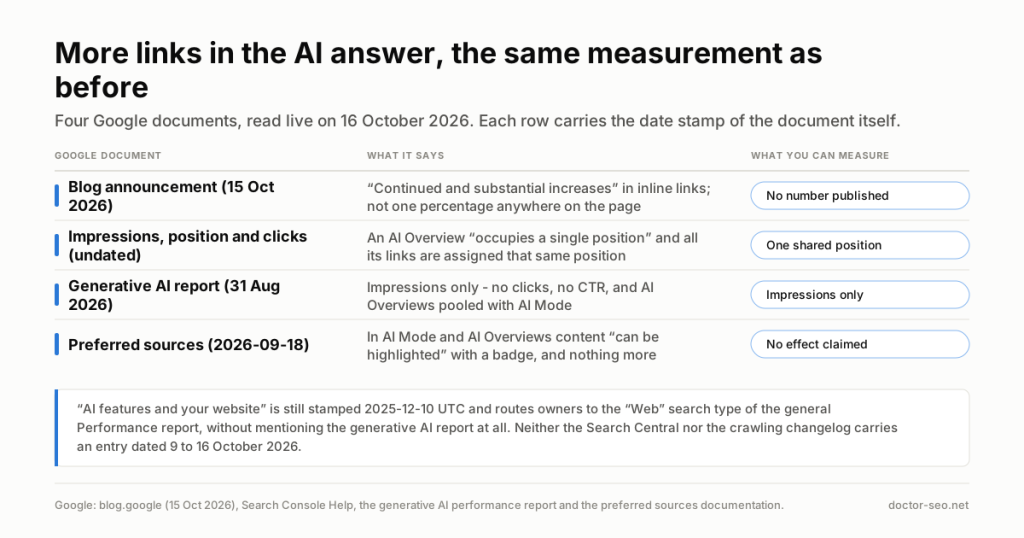 Four-row table: what each Google document says about AI links and what a publisher can measure.