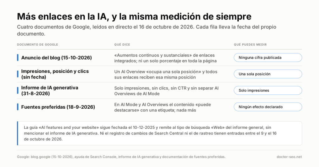 Tabla de cuatro filas: qué dice cada documento de Google sobre los enlaces en la IA y qué puede medir un editor.