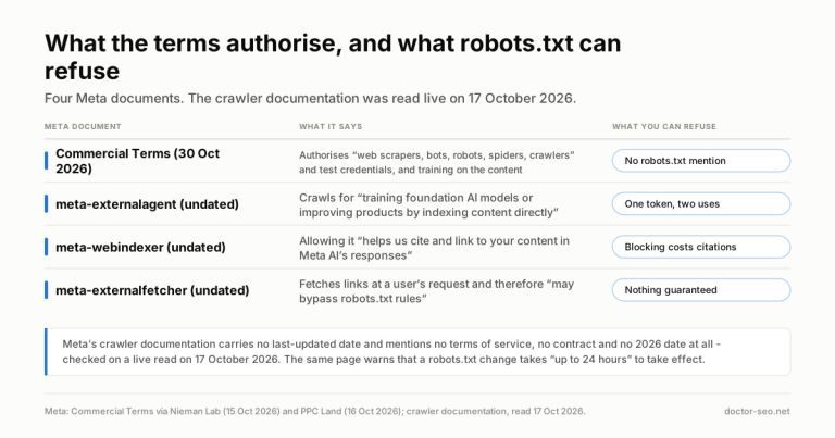 Four-row table: Meta’s Commercial Terms of 30 October 2026 authorise scrapers, bots and crawlers and do not mention robots.txt; meta-externalagent covers training and indexing in a single token; allowing meta-webindexer is what earns citations in Meta AI; and meta-externalfetcher may bypass robots.txt.