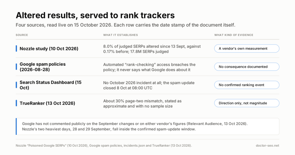 Four-row table: the Nozzle study, Google spam policies, the Search Status Dashboard and TrueRanker, with what each one establishes about the altered result pages served to rank trackers.