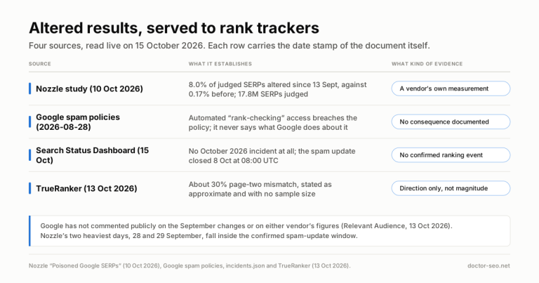 Four-row table: the Nozzle study, Google spam policies, the Search Status Dashboard and TrueRanker, with what each one establishes about the altered result pages served to rank trackers.