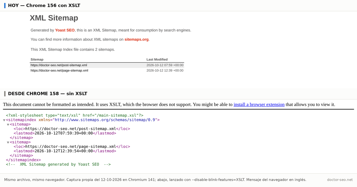 Dos capturas del mismo índice de sitemap XML en Chromium: arriba, formateado por XSLT en una tabla con título; abajo, un aviso del navegador que dice que el documento usa XSLT, seguido del árbol XML en crudo.