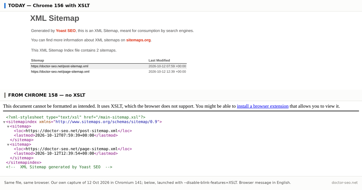Two screenshots of the same XML sitemap index in Chromium: above, formatted by XSLT into a titled table; below, a browser warning that the document uses XSLT, followed by the raw XML tree.