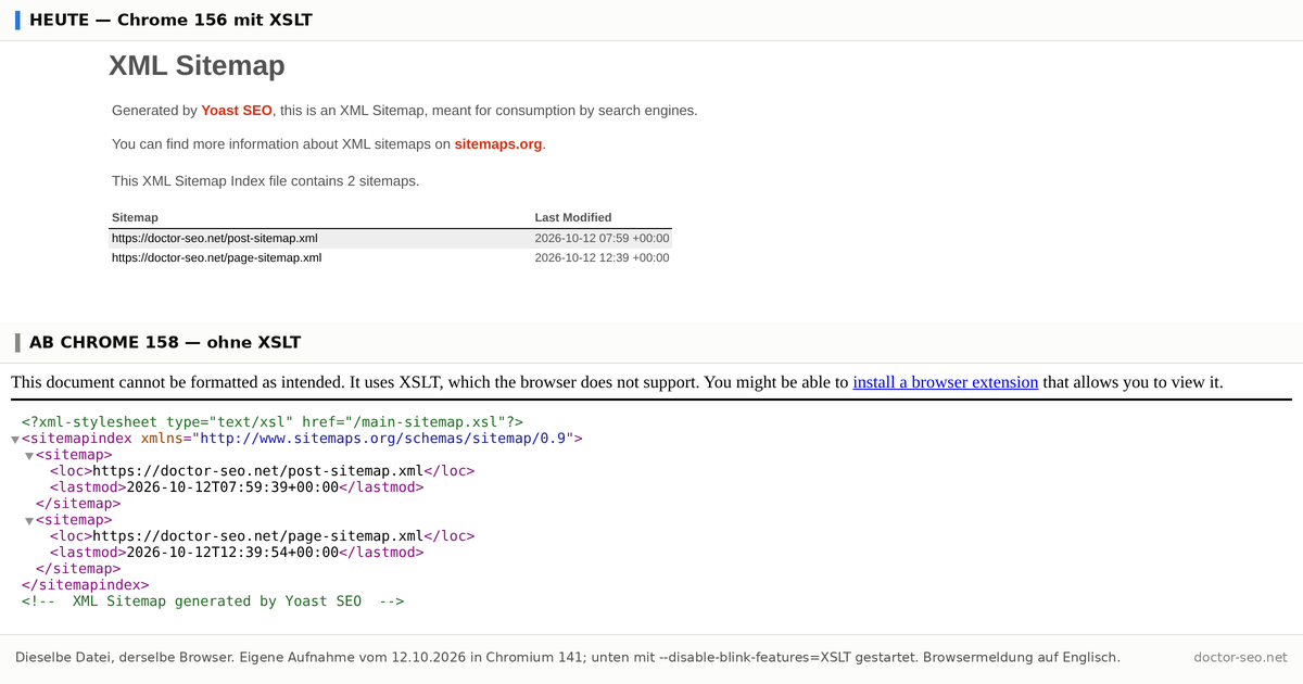 Zwei Aufnahmen desselben XML-Sitemap-Index in Chromium: oben von XSLT in eine Tabelle mit Überschrift formatiert, unten eine Browser-Warnung, dass das Dokument XSLT nutzt, gefolgt vom rohen XML-Baum.